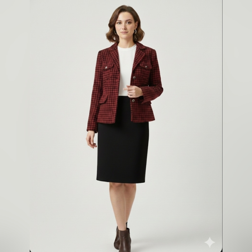 Nine to Five Red Tweed Plaid Blazer Jacket - Vintage Chic - Size M